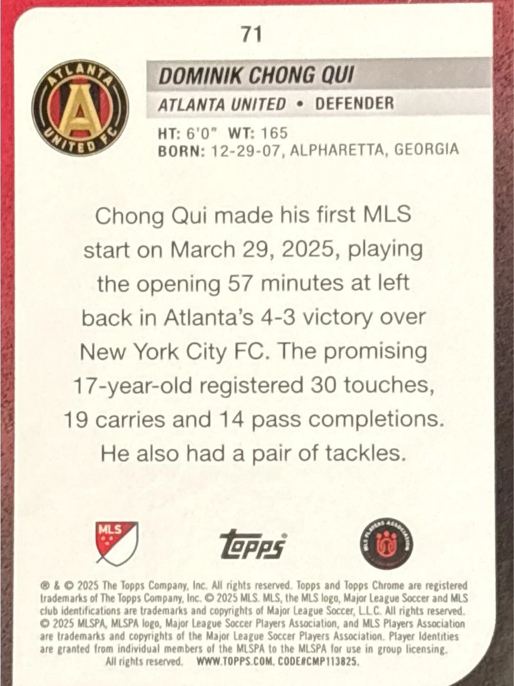 Topps Chrome Dominik Chong Qui Rookie Soccer Card